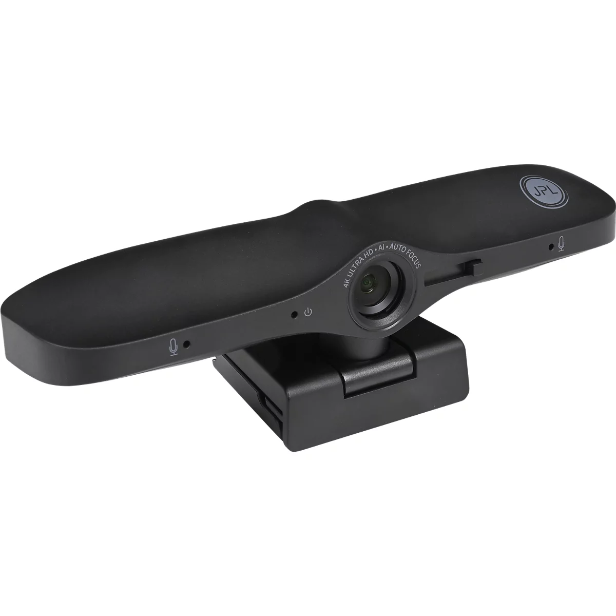 Zwarte webcam met microfoons en camera, gemonteerd op een standaard.